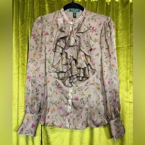 Lauren Ralph Lauren Brown Taupe floral silk ruffle long sleeve blouse 6P $150